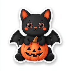 Adorable Black Bat with Jack O' Lantern Pumpkin Halloween Illustration