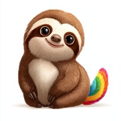 Adorable Brown Sloth with Rainbow Tail on White Background