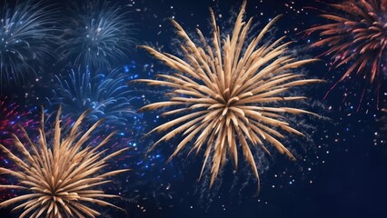 A dark blue background features stylized fireworks in red,
