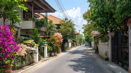 Residential Street Lined With Houses Gardens Blooming Flowers And Lush Green Trees Under Daylight