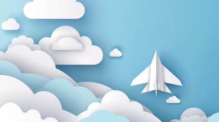 Paper Airplane Soaring Through a Serene Sky with Fluffy Clouds Ideal for Creativity and Imagin