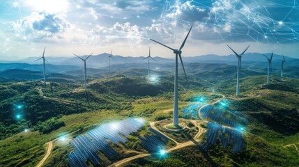 Sustainable energy landscape with wind turbines and solar panels