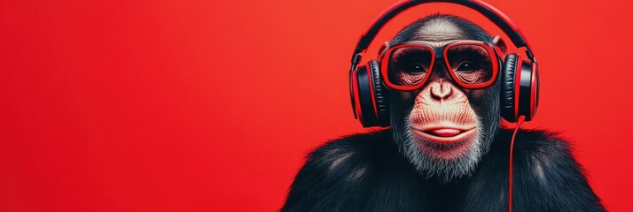 Chimpanzee with headphones hosts podcast in a photorealistic scene with vibrant background