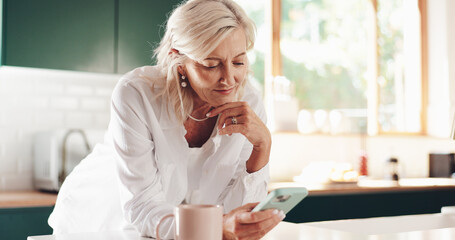 Relax, phone and reading with old woman in kitchen for retirement fund, social security benefits or...