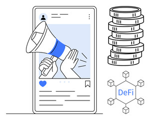 Mobile post emphasizes digital promotion using a megaphone, cryptocurrency stack, and decentralized finance network. Ideal for fintech, blockchain, marketing, DeFi, investment, social media