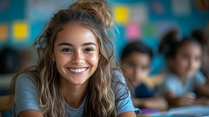 Female teacher assists young student with homework in colorful classroom filled with cheerful children during school day