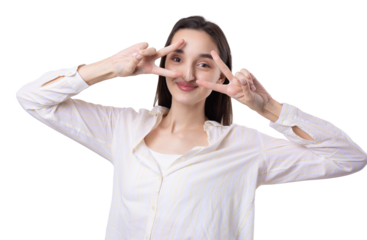 Smiling woman raised her hand palm up and forward like waving.