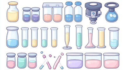 Colorful lab glassware with liquids; science experiment; flat-lay; educational illustration