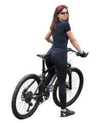 Young female cyclist cycling on a transparent background.