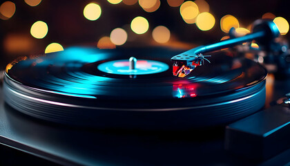 Vinyl record spinning on turntable, illuminated with bokeh lights