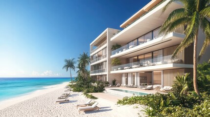 Fototapeta premium Luxury beachfront hotel with a modern facade, large balconies, and palm trees, overlooking a pristine white sand beach and turquoise ocean. A serene and inviting atmosphere. Copy space available.