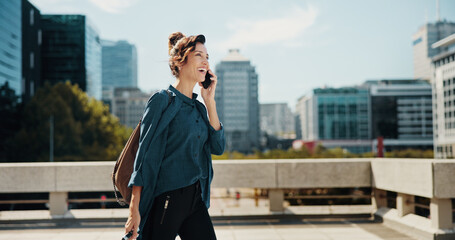 Travel, laugh and woman with phone call in city, commute and real estate agent with negotiation....