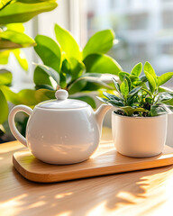 White teapot and plant on wooden tray by sunlit window