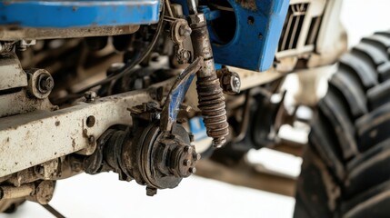 Fototapeta premium Close-Up View of Tractor Suspension System with Rust and Dirt