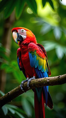 Obraz premium A vibrant scarlet macaw perched on a tree branch in a lush tropical rainforest.