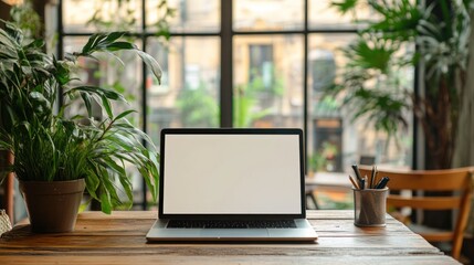 Fototapeta premium Modern workspace laptop on a wooden table with plants