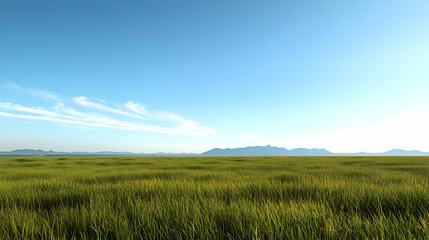 Obraz premium Expansive Green Field Under a Bright Blue Sky with Wispy Clouds on a Sunny Day with Distant City Silhouette