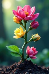Obraz premium Tendrils of colorful flowers wrapped around a twisted root, plant, abstract, blossom