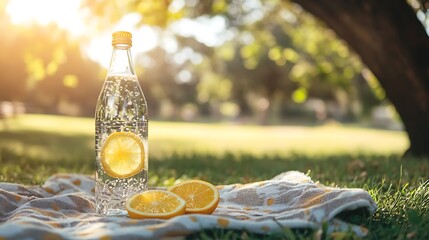 Obraz premium Refreshing bottle of water and lemon slices sitting on grass