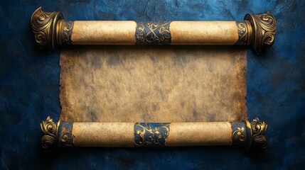 Ornate scroll with gold and blue accents on blue background