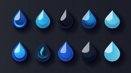 Blue water drops collection, dark background, website icons