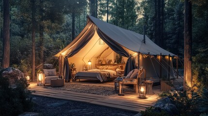 Cozy glamping tent nestled in a serene forest at night.  Warm interior lighting illuminates a comfortable bed and seating area