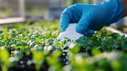 Gardener Applying Fertilizer to Young Plants in Greenhouse During Daytime in Spring Season