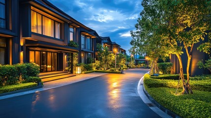 Obraz premium Luxury spa resort exterior with grand entrance, landscaped gardens, and modern lighting. A peaceful and elegant ambiance. Copy space included.