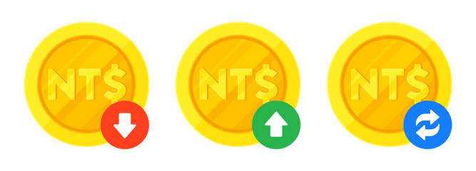 Set of New Taiwan dollar gold coins, arrows for increase, decrease, transaction. Finance, currency, fluctuation, NT$ and TWD exchange concept. Flat vector illustration isolated on a white background	