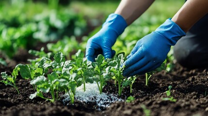 Hands Planting Young Greens in Rich Soil During Sunny Afternoon in a Garden Setting