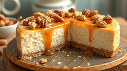 Delicious caramel pecan cheesecake on a wooden serving board with a slice removed
