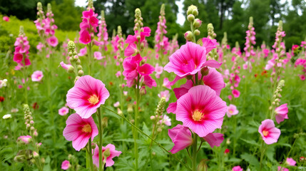 Fototapeta premium field of hollyhock (Althaea rosea) blossoms