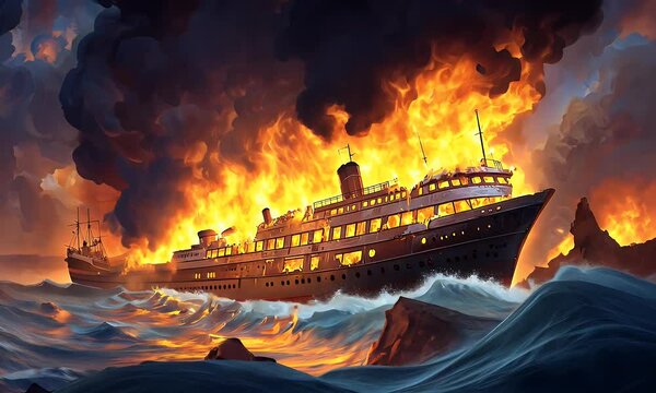 Burning ship engulfed in flames and smoke at sea, creating a dramatic, fiery scene of disaster