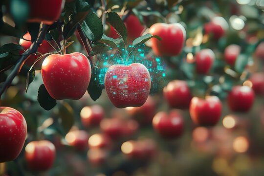 Futuristic digital overlay on red apples in orchard - Powered by Adobe