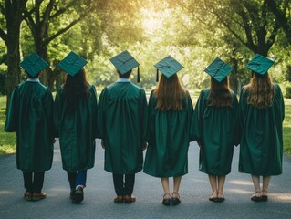 back view of group of students in green graduation gown and cap standing together on asphalt facing green lawn with trees  - ai