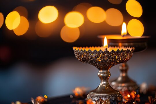 Two ornate metallic candle holders with lit candles, bokeh background.
