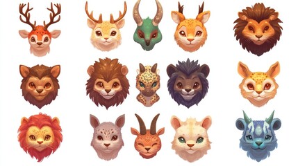 Fantasy animal heads; game assets; magical creatures; white background; children's book illustration