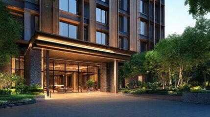 Fototapeta premium Modern business hotel exterior with sleek glass windows, high-rise architecture, and a professional atmosphere. A perfect blend of style and functionality for business travelers. Copy space available.