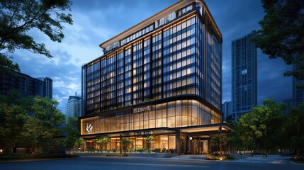 Modern business hotel exterior with sleek glass windows, high-rise architecture, and a professional atmosphere. A perfect blend of style and functionality for business travelers. Copy space available.