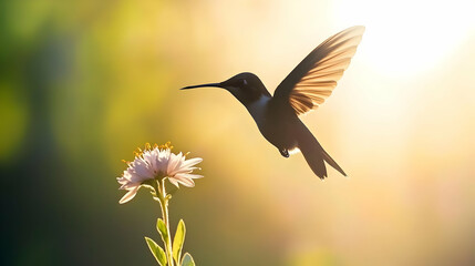 Fototapeta premium Hummingbird In Flight Near Flower In Sunlight