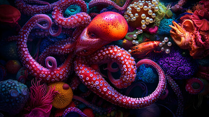 Obraz premium Colorful Octopus In Vibrant Coral Reef Scene