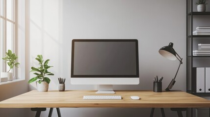 Fototapeta premium Modern workspace with computer, plants, and desk accessories. A clean and minimalist office setup