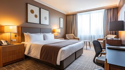 Modern spa hotel room with comfortable bedding, a sleek desk, and a cozy seating area, offering the perfect balance of comfort and style. Copy space available.