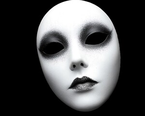 A white mask with black makeup and a shadowed face
