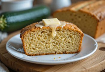 Zucchini bread on white plate, topped with melting butter. This inviting scene captures the warmth of home baking in a cozy kitchen atmosphere