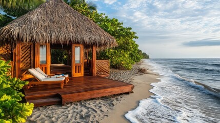 Fototapeta premium Private beachfront bungalow with a thatched roof, wooden deck, and ocean waves gently lapping at the shore. A secluded and peaceful hideaway. Copy space available.