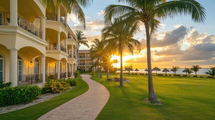 Obraz premium Resort-style hotel exterior with large balconies, tropical gardens, and ocean views at sunset. A serene and luxurious setting. Copy space included.