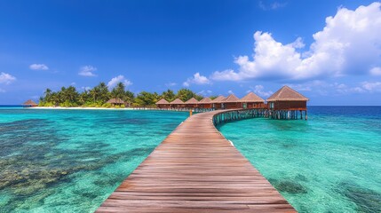 Fototapeta premium Seaside resort with an elegant wooden pier stretching over clear waters, leading to private bungalows and lounge areas. A serene beach getaway. Copy space included.