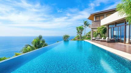 Fototapeta premium Secluded beachfront resort with modern tropical architecture, lush gardens, and a tranquil infinity pool overlooking the turquoise ocean. A luxury escape. Copy space included.