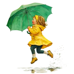Vintage Style Illustration of a Joyful Girl Jumping in a Puddle with Green Umbrella © Katrine